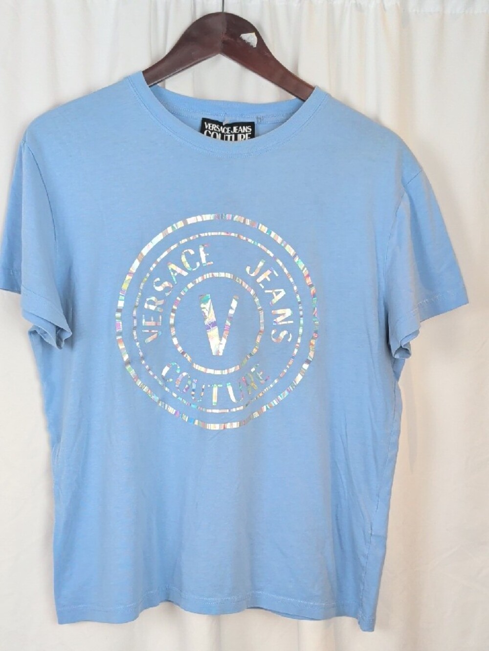 Versace Jeans Couture Light Blue Holographic Logo Tee Shirt XL Authentic